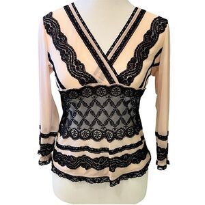 Vintage Nude Mesh and  Black Lace Top by WDNY.  Size Small.